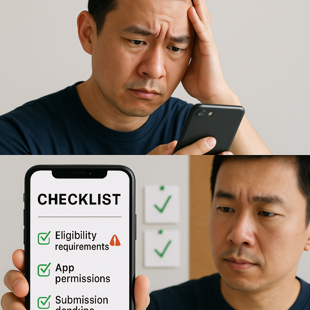 걷기지원금 신청 실패 원인을 안내하는 두 개의 인포그래픽 이미지. 첫 번째는 앱 권한 누락과 마감일 실수를 강조하고, 두 번째는 성공을 위한 체크리스트를 시각적으로 정리한 구성
