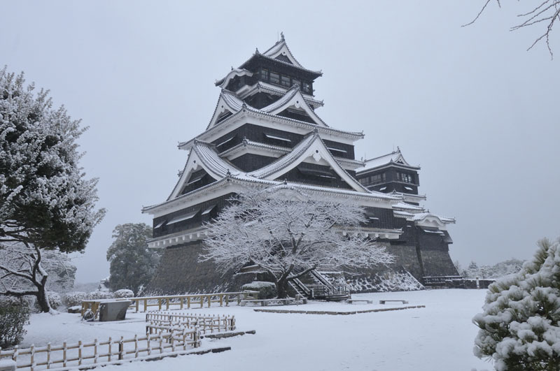 겨울에 흰눈쌓인 구마모토성