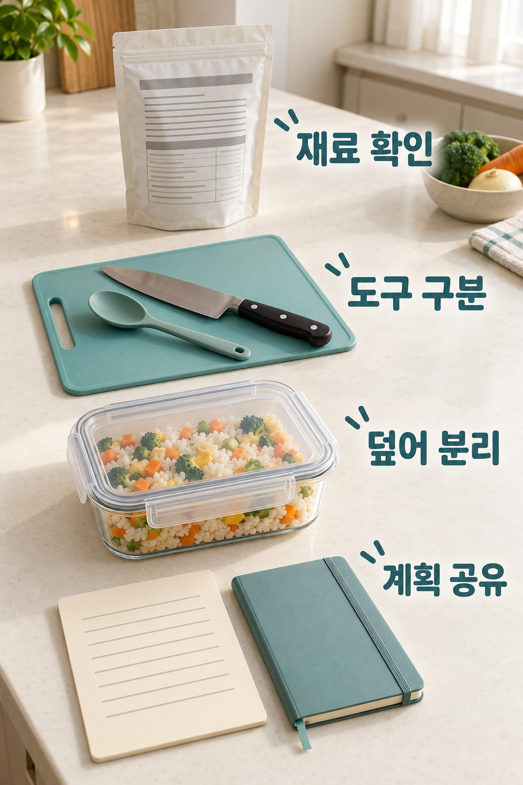 제품 포장, 구분한 도구, 덮은 끼니와 인계 메모를 놓은 저녁 준비 조리대