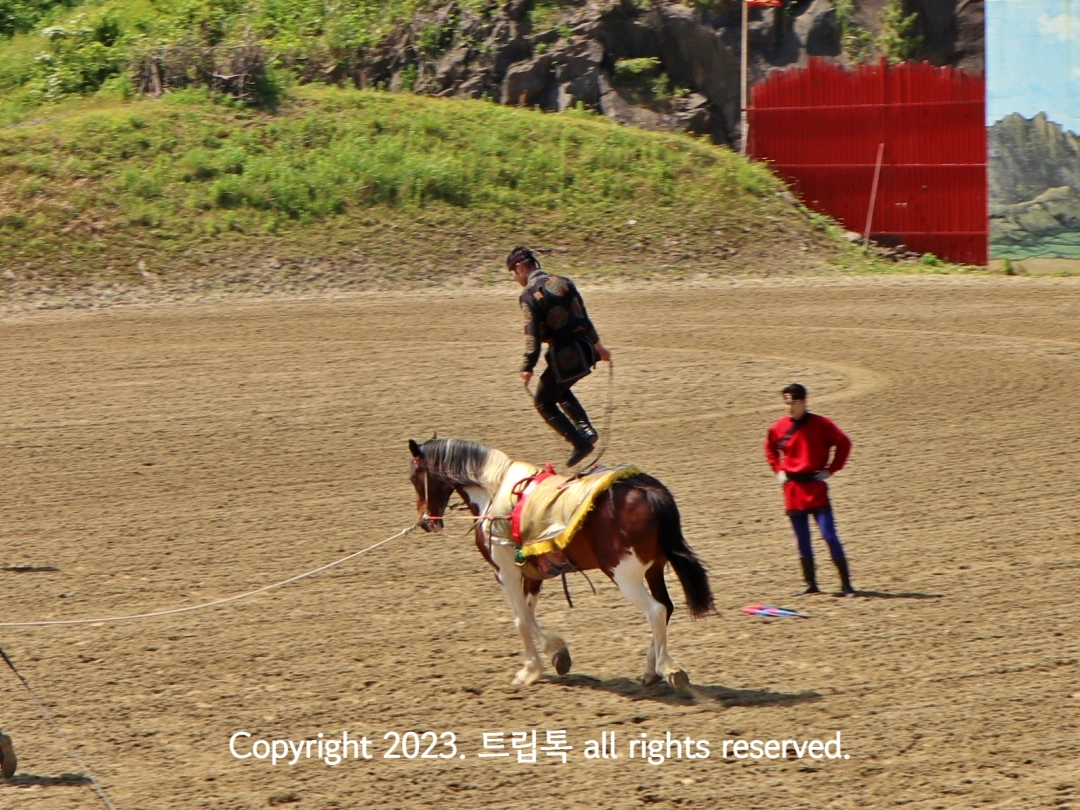 달리는 말위에서 줄넘기 줄을 넘고있다