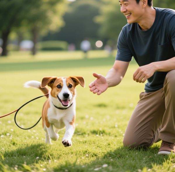 주인과 리콜 훈련하는 강아지의 모습