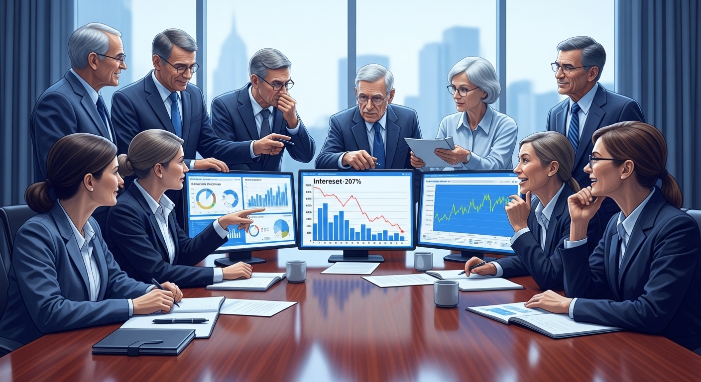 미국 연준 관계자들이 경제 지표를 분석하며 금리 인하 가능성을 논의하는 모습. 신중하면서도 희망적인 분위기.