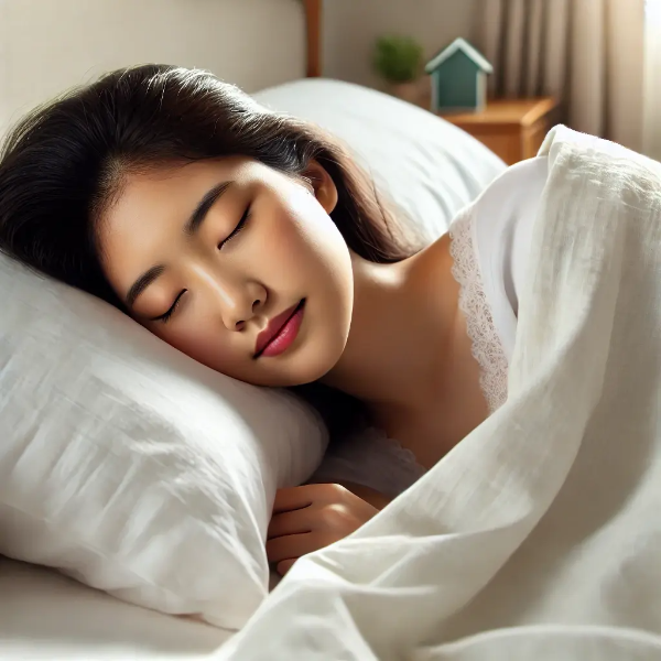 아늑한 침대에서 옆으로 편안히 자며 건강한 숨결을 보이는 동양인 여성
