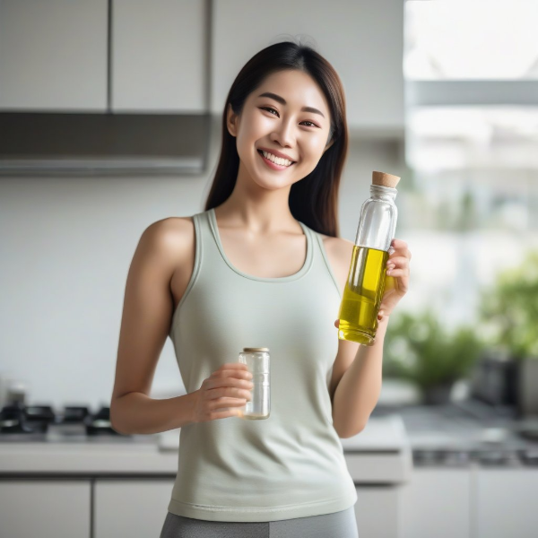 1. 밝은 주방에서 올리브유 병을 들고 건강한 다이어트를 상징하는 포즈를 취하는 한국인 여성