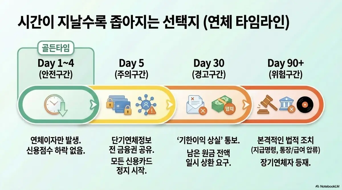 대출연체 카드정지: 대출 연체 후 1일부터 90일 이상까지의 단계별 불이익을 타임라인 형태로 정리한 인포그래픽. 1일에서 4일까지의 골든타임 구간과 5일 30일 90일 각 시점의 연체 결과를 안내함