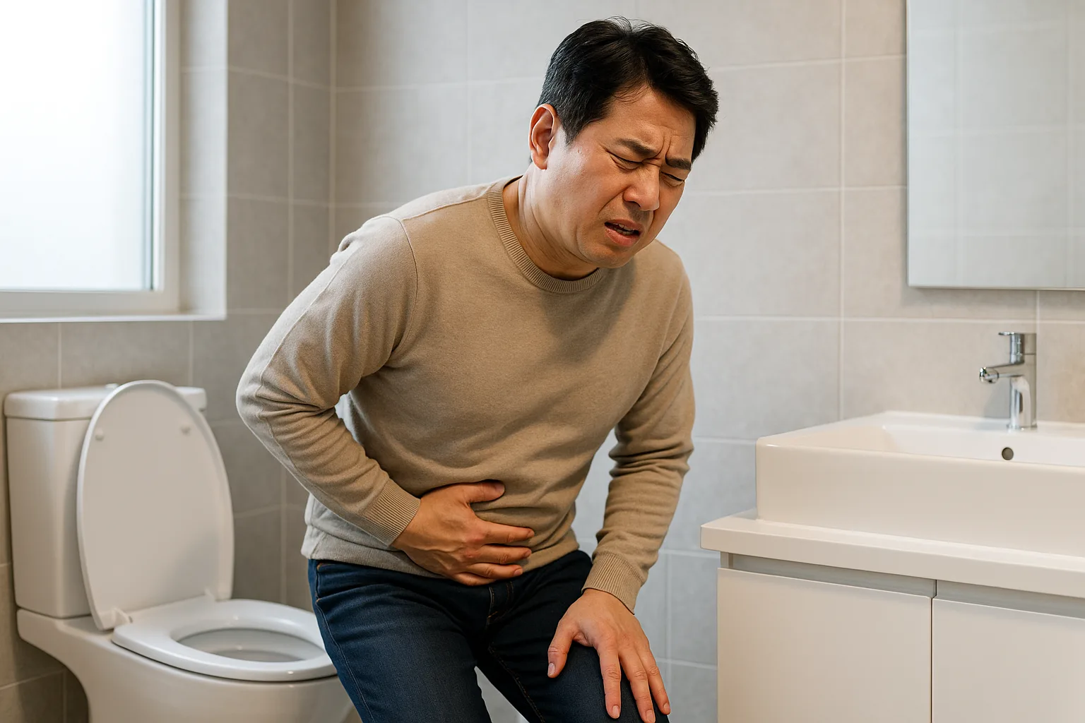 화장실에서 소변을 본 후 불편한 표정을 짓는 남성, 배뇨 후 따끔함을 느끼며 하복부를 잡는 장면