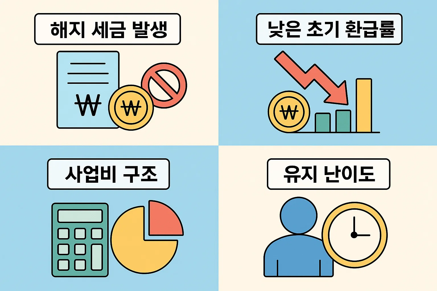 해지 시 세금 발생, 낮은 초기 환급률, 사업비 구조, 유지 난이도 등 연금저축보험 해지 전 반드시 확인해야 할 핵심 사항을 시각화한 인포그래픽