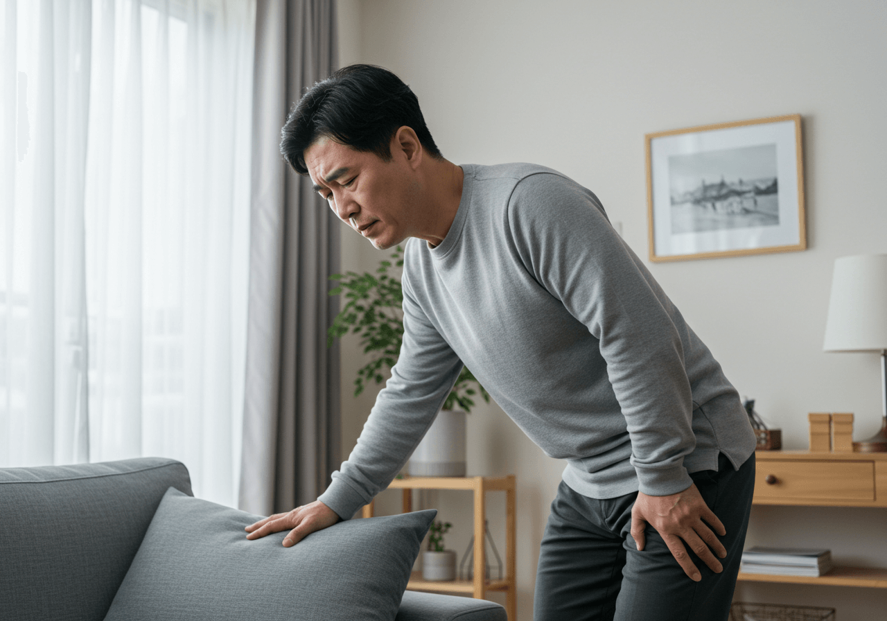 앉았다가 일어나며 어지럼증을 느끼는 한국인 남성, 기립성 저혈압 증상 장면