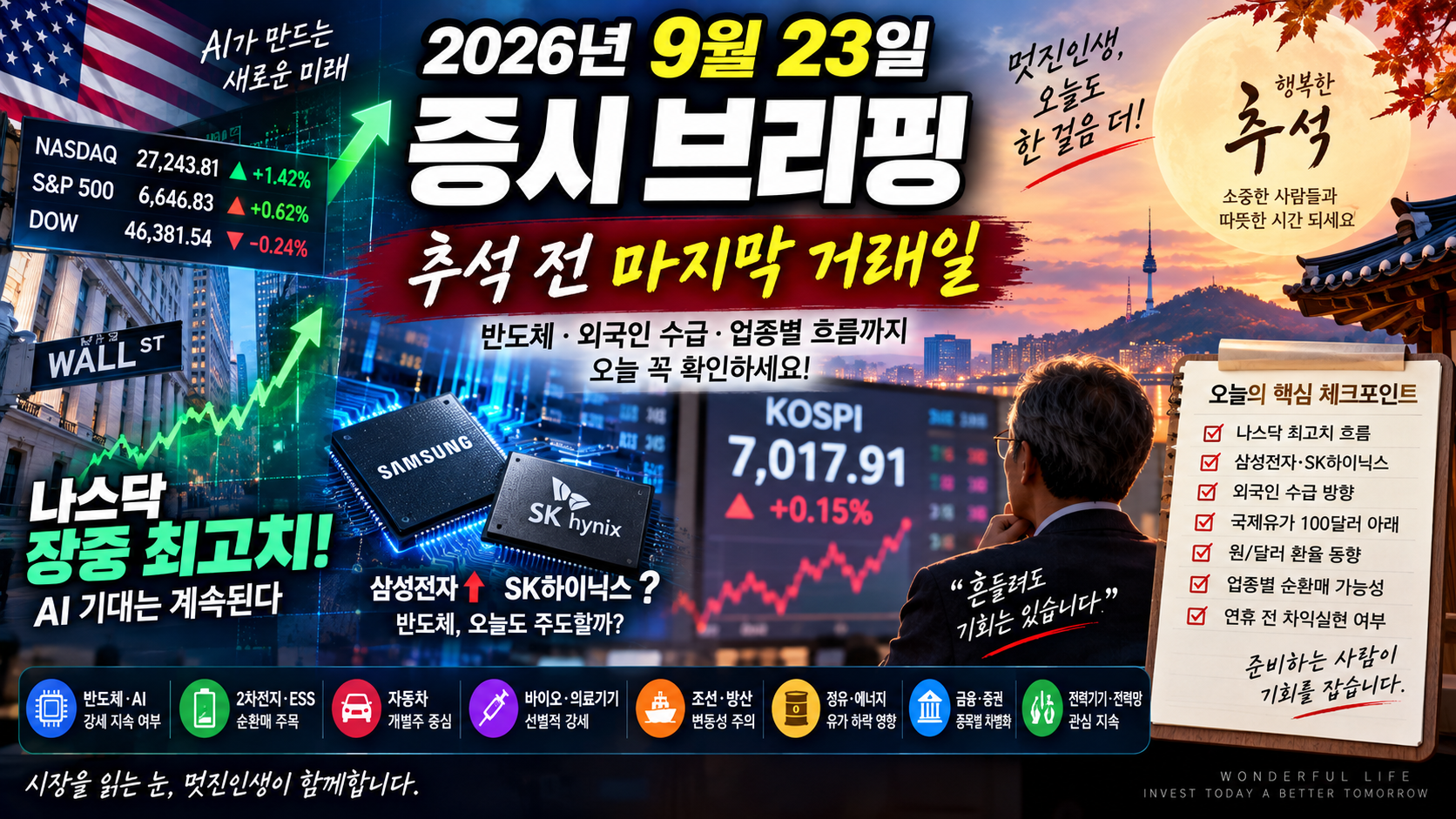 2026년 9월 23일 나스닥 최고치와 추석 전 마지막 한국 증시, 반도체와 외국인 수급을 살펴보는 증시 브리핑