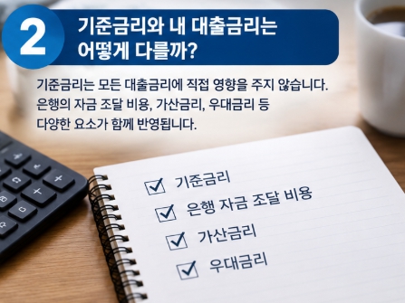 실제 대출금리에는 상품별 기준금리와 가산금리, 우대금리 등이 반영될 수 있습니다. 현재 적용금리와 세부 조건을 함께 확인하세요.