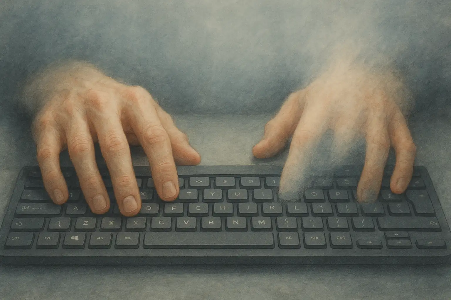 컴퓨터 자판 위에 두 손을 올린 상태에서 한쪽 손가락 끝이 흐릿하게 사라지듯 표현