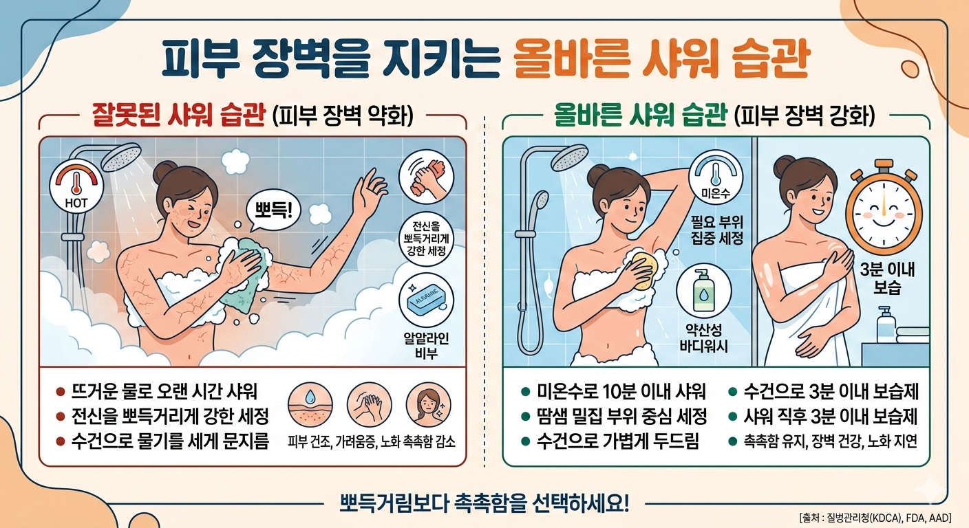 샤워 후 피부 관리 (뽀득거림, 3분 보습, 적정 온도)