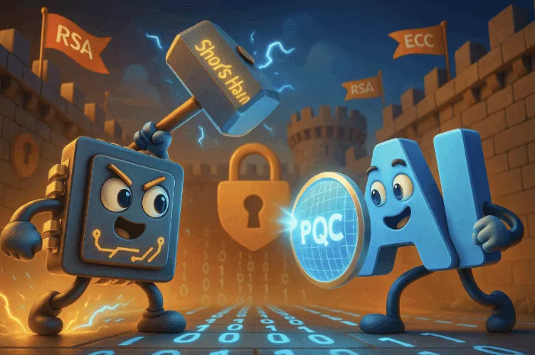 픽사 스타일의 3D 일러스트로, 망치를 든 귀여운 양자 컴퓨터 칩 캐릭터와 방패를 든 AI 문자 캐릭터가 대결하는 장면. 배경에는 'RSA'와 'ECC' 깃발이 꽂힌 성벽과 자물쇠 상징이 있으며, 바닥에는 바이너리 코드가 흐르고 있음. ‘Shor’s Hammer’와 ‘PQC’ 방패를 통해 양자 위협과 AI 기반 보안의 대결을 풍자적으로 표현함 (Pixar-style quantum computer vs AI shield battle illustration with binary background and crypto references)