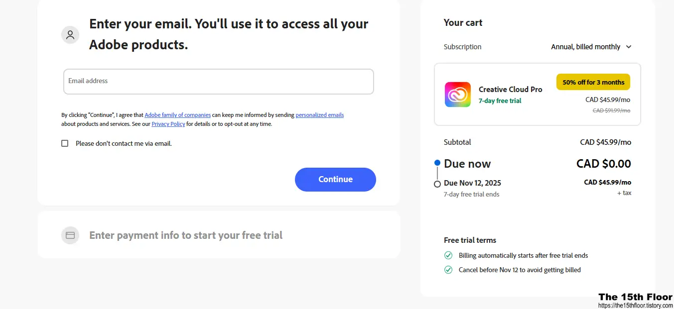 Creative Cloud 무료 체험 시작 버튼 스크린샷