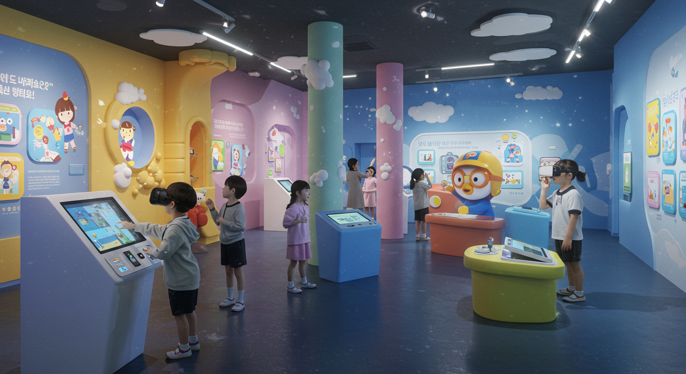 춘천 애니메이션박물관에서 아이들이 캐릭터 전시와 VR 체험을 즐기는 모습