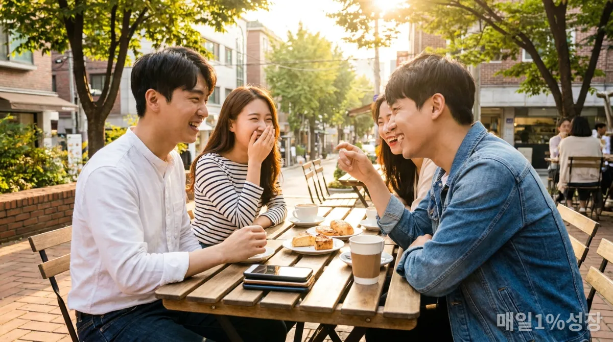 야외 카페에서 스마트폰 없이 즐겁게 대화하는 젊은 한국인 친구들