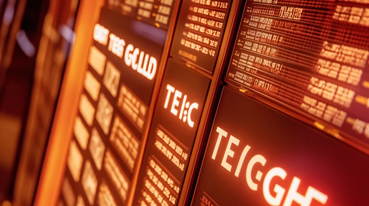 골드, 기술, 채권으로 표시된 다양한 ETF 옵션이 따뜻한 조명 아래 나타납니다. 현대적이고 포괄적인 투자 환경을 포착하면서 안전성과 다각화 트렌드를 상기시킵니다.