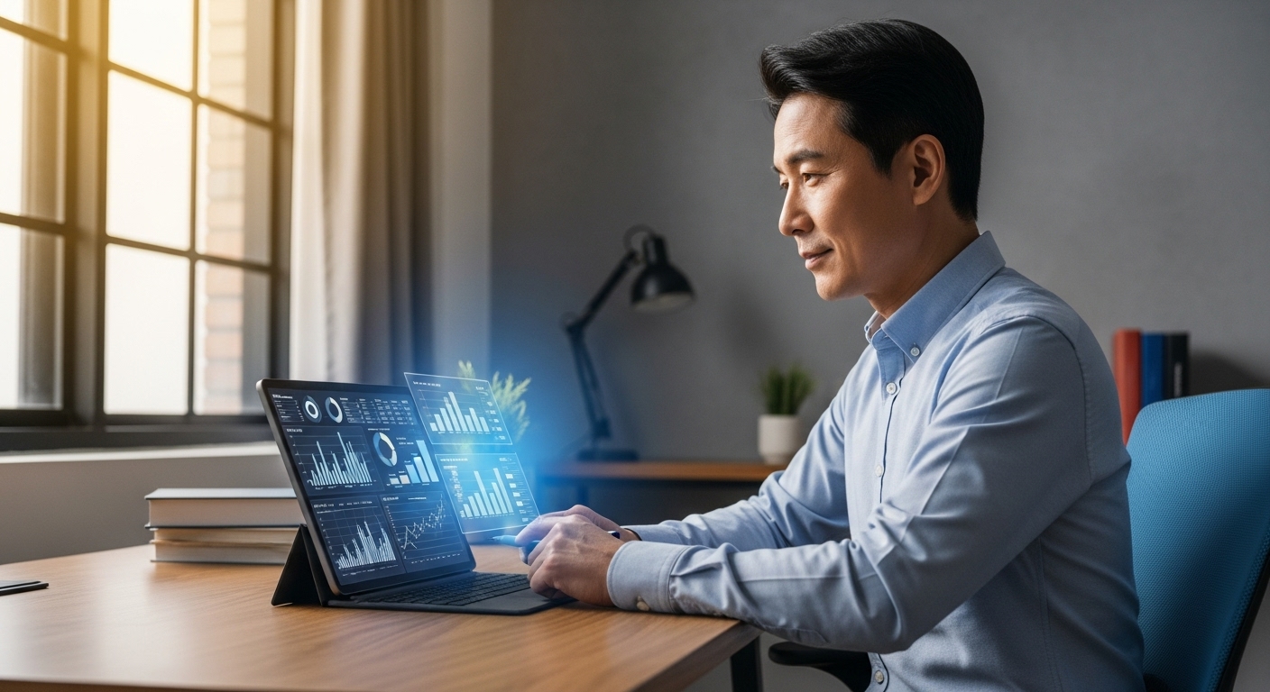 40대 후반의 한군ㄱ인이 노트북으로 재무차트를 분석하고 재경 계획을 세우는 모습