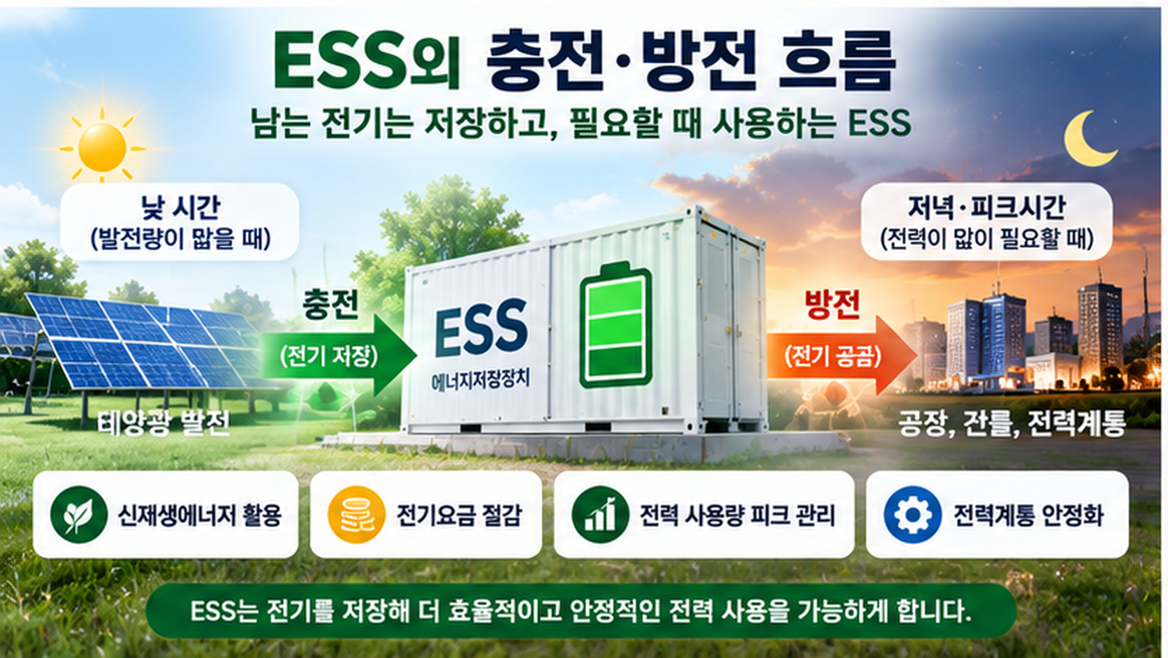 ESS 태양광 발전 연계 충전과 피크시간 방전 흐름