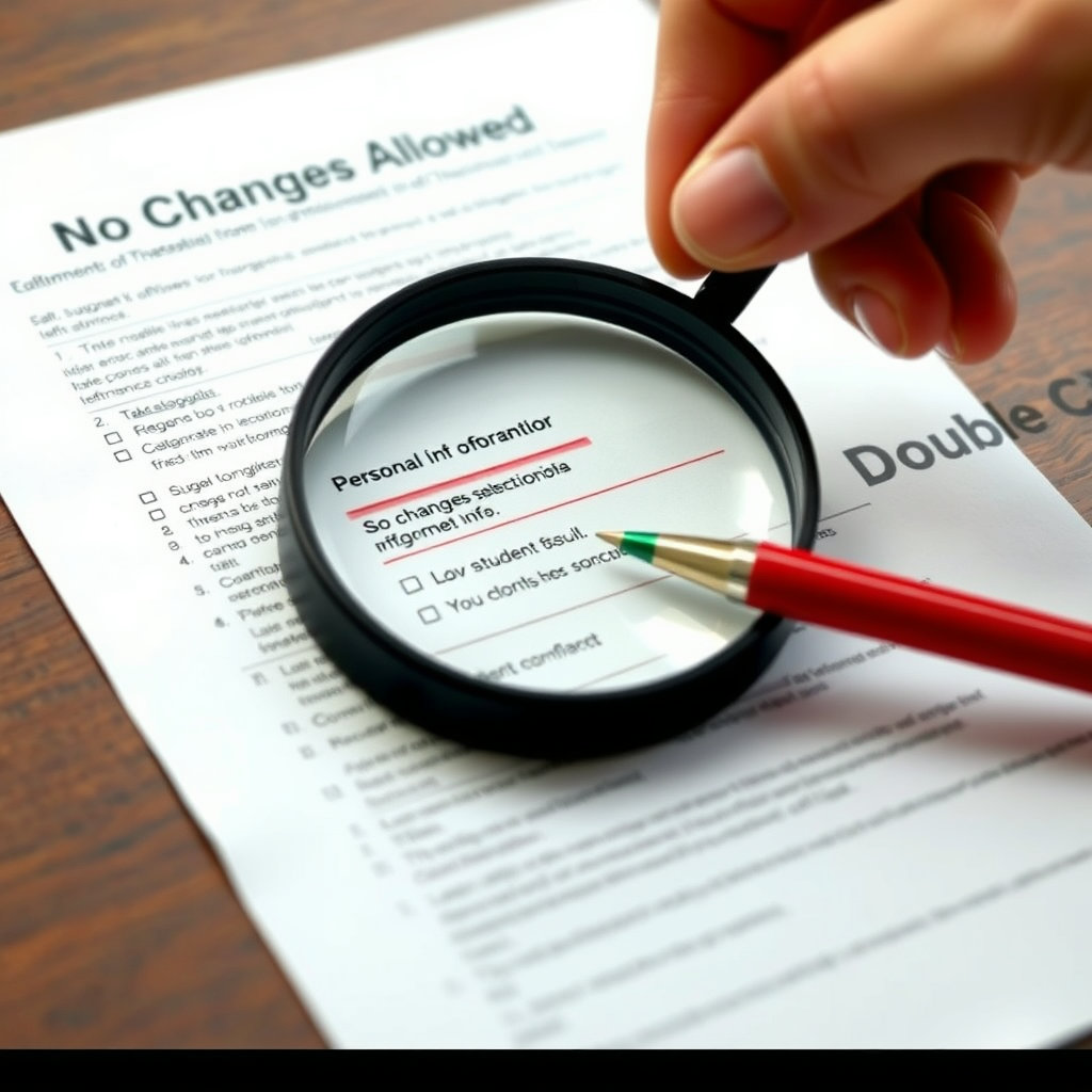 돋보기가 원서의 작은 글씨(개인정보, 선택 영역 등)를 확대하여 보여주고, 수험생의 손이 빨간 펜으로 중요 부분을 표시하거나 체크하는 모습입니다. '수정 불가' 또는 '재확인' 등의 문구를 삽입하여 신중함을 나타내세요.