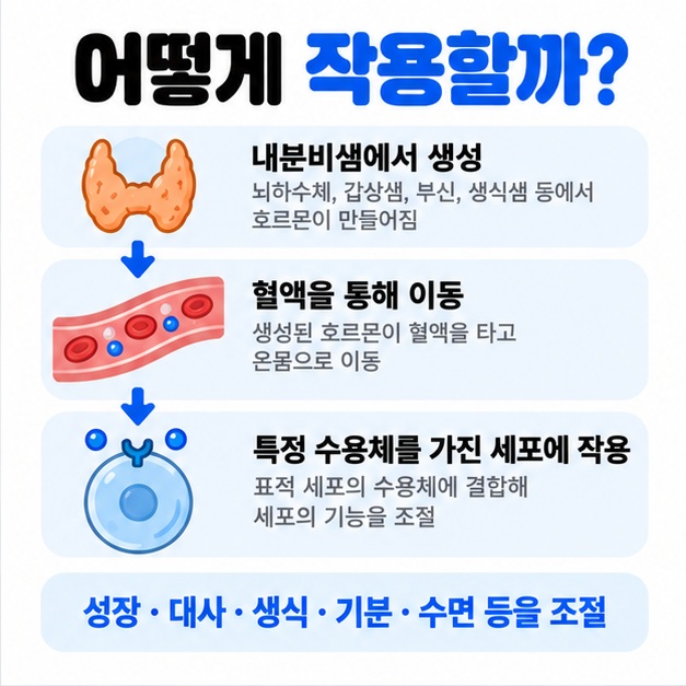 내분비샘에서 만들어진 호르몬이 혈액을 통해 특정 수용체를 가진 세포에 작용하는 원리를 보여주는 카드뉴스