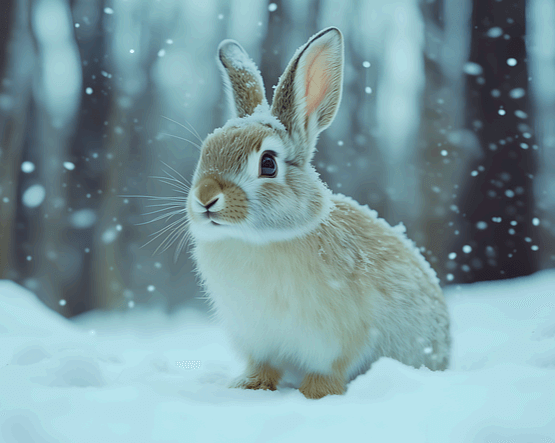 하얀 눈밭 위에 연갈색 토끼 한 마리가 눈을 맞으면서 앉아있다.