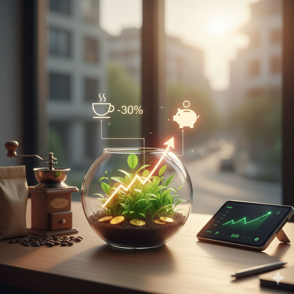 창가 테이블에 놓인 스타벅스 일회용 컵 옆으로 한 손이 스마트폰을 들고 있는 클로즈업 이미지에요. 스마트폰 화면에는 저축(Savings) 앱의 잔액 상승 그래프가 표시되어 있고, 화면 밖으로는 커피 지출 30%가 저금통으로 전환되어 자산이 증가하는 선형 그래프가 시각화되어 있어요. 배경에는 누군가 커피를 드립하는 모습이 흐릿하게 보여요.