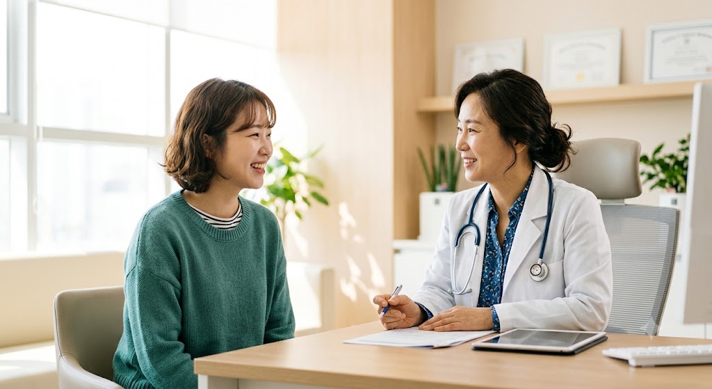 산부인과 원장님과 여성 환자가 대화하는 모습