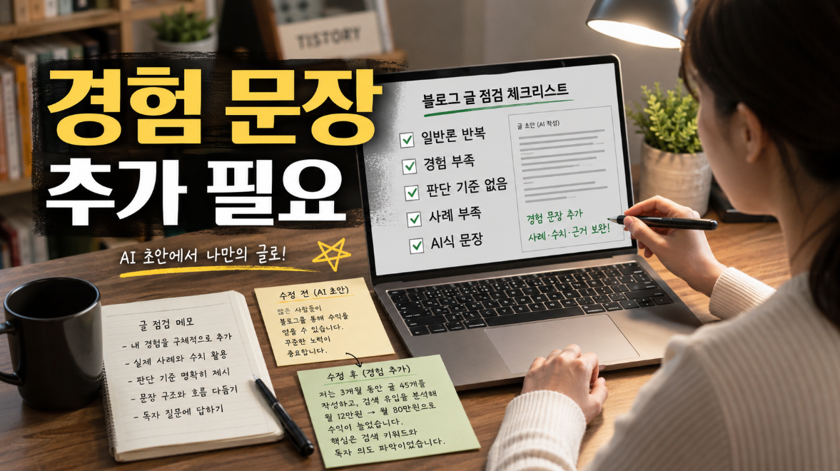 AI 초안처럼 보이는 블로그 글에 경험 문장과 판단 기준을 추가하는 상황 이미지