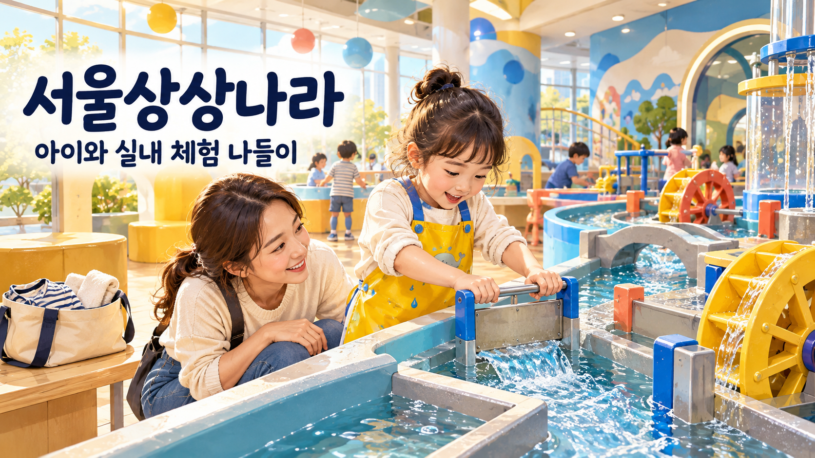 보호자와 아이가 실내 물길 체험을 즐기는 설명 그림