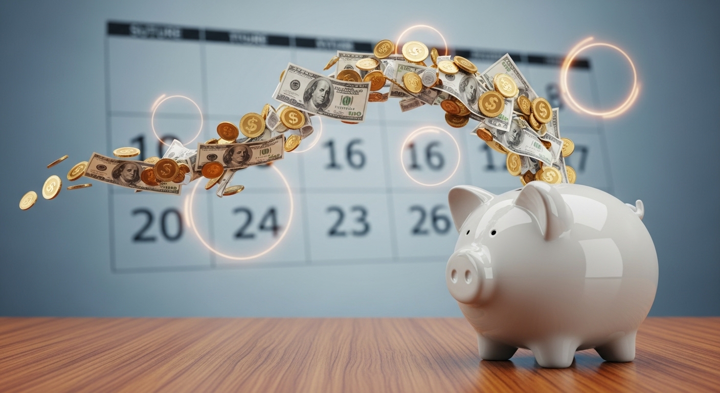 달력과 함께 꾸준히 저금통에 돈을 넣는 모습, 퇴직금을 연금으로 쪼개어 장기적으로 안정된 노후를 준비하는 것을 상징합니다.