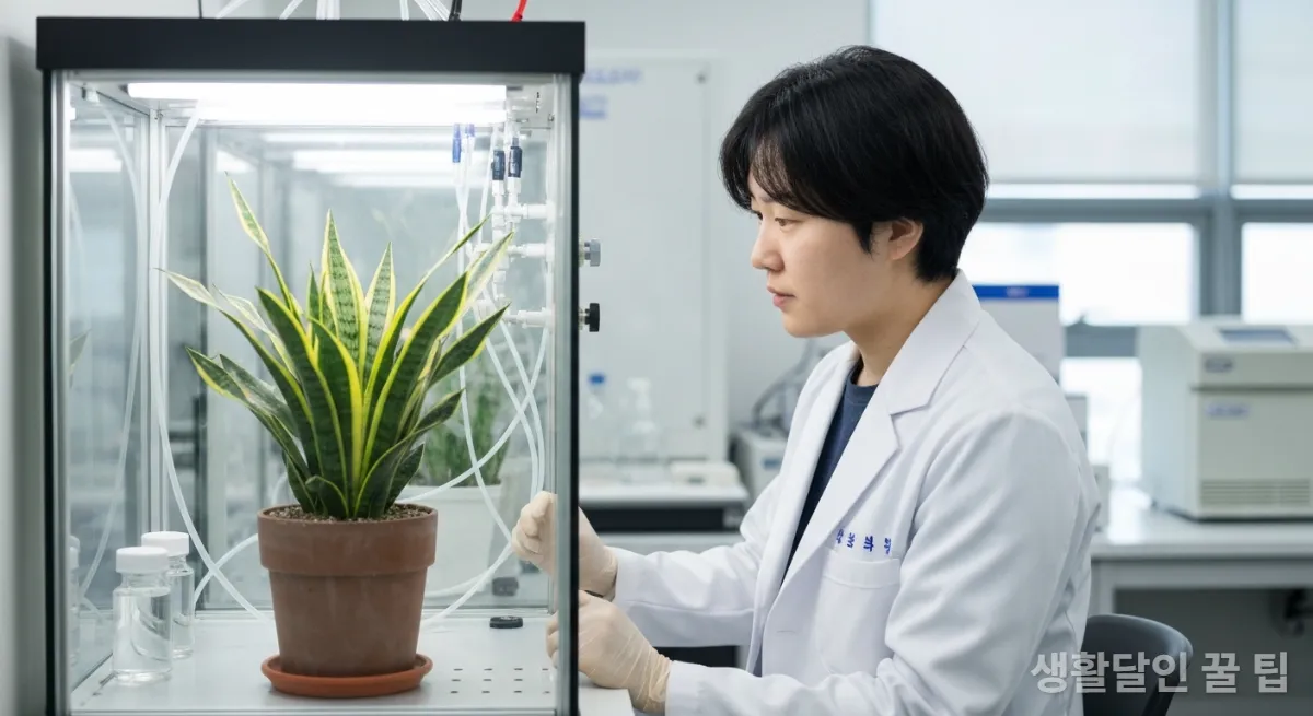 밀폐된 유리 챔버 안의 식물을 관찰하는 한국인 과학자. 식물의 공기 정화 능력 연구를 상징.