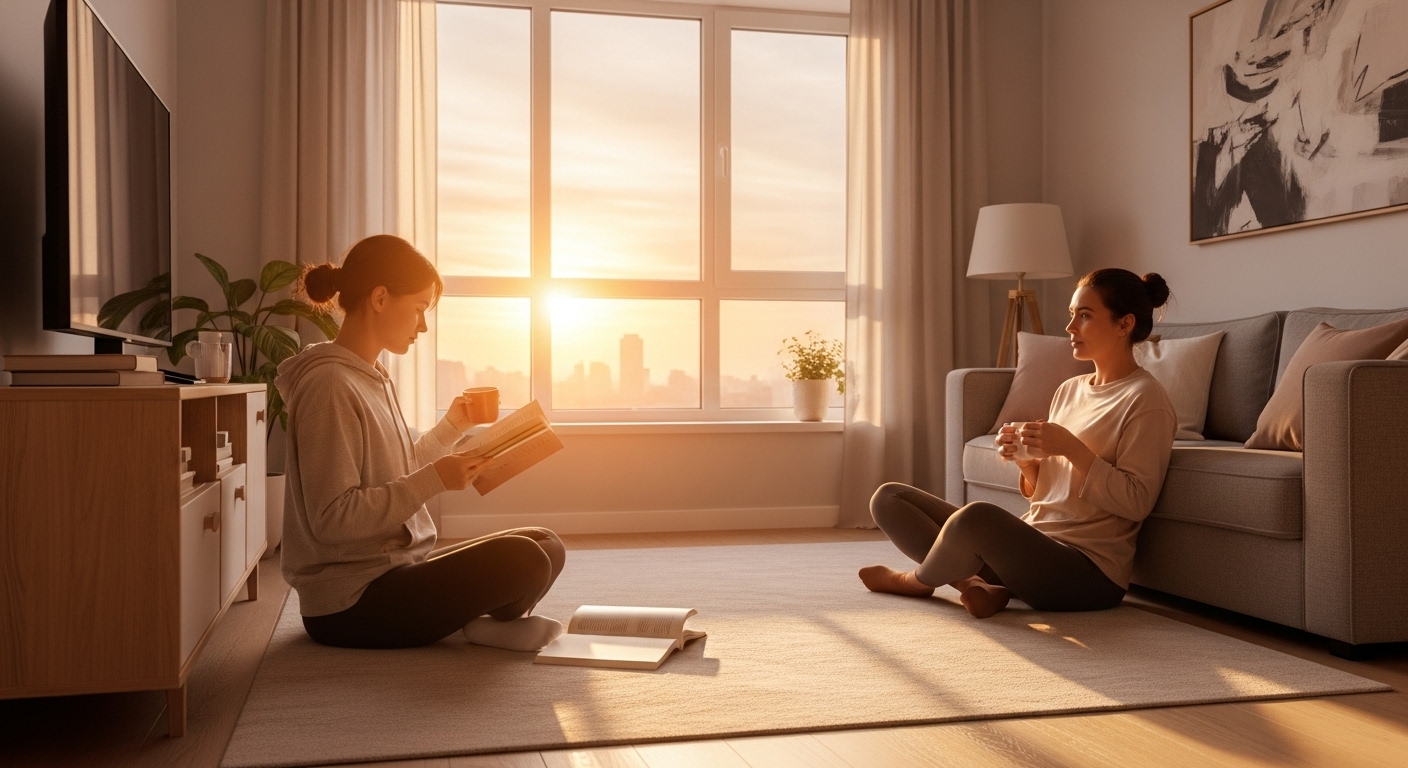 햇살 가득한 아침, 차분하게 독서하며 하루를 시작하는 사람의 모습. 아침형 인간의 평화롭고 생산적인 루틴을 상징합니다.