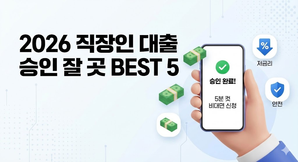 스마트폰 화면에 '5분 컷 비대면 신청 승인 완료' 메시지가 뜨고 주변에 돈과 저금리 아이콘이 떠다니는 대출 정보 썸네일.