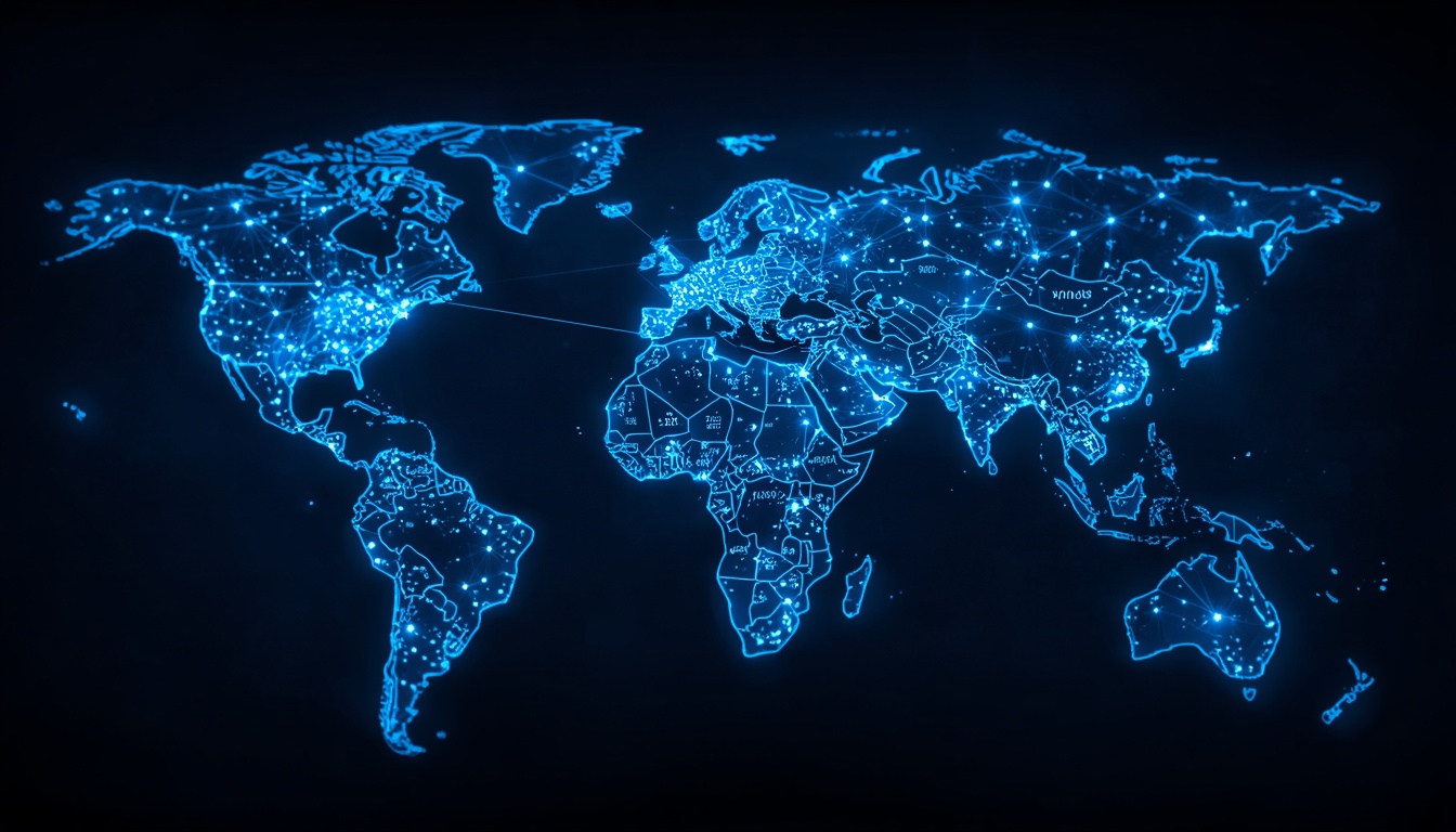 Global map with connected financial network nodes showing Ripple's global bank partnerships.