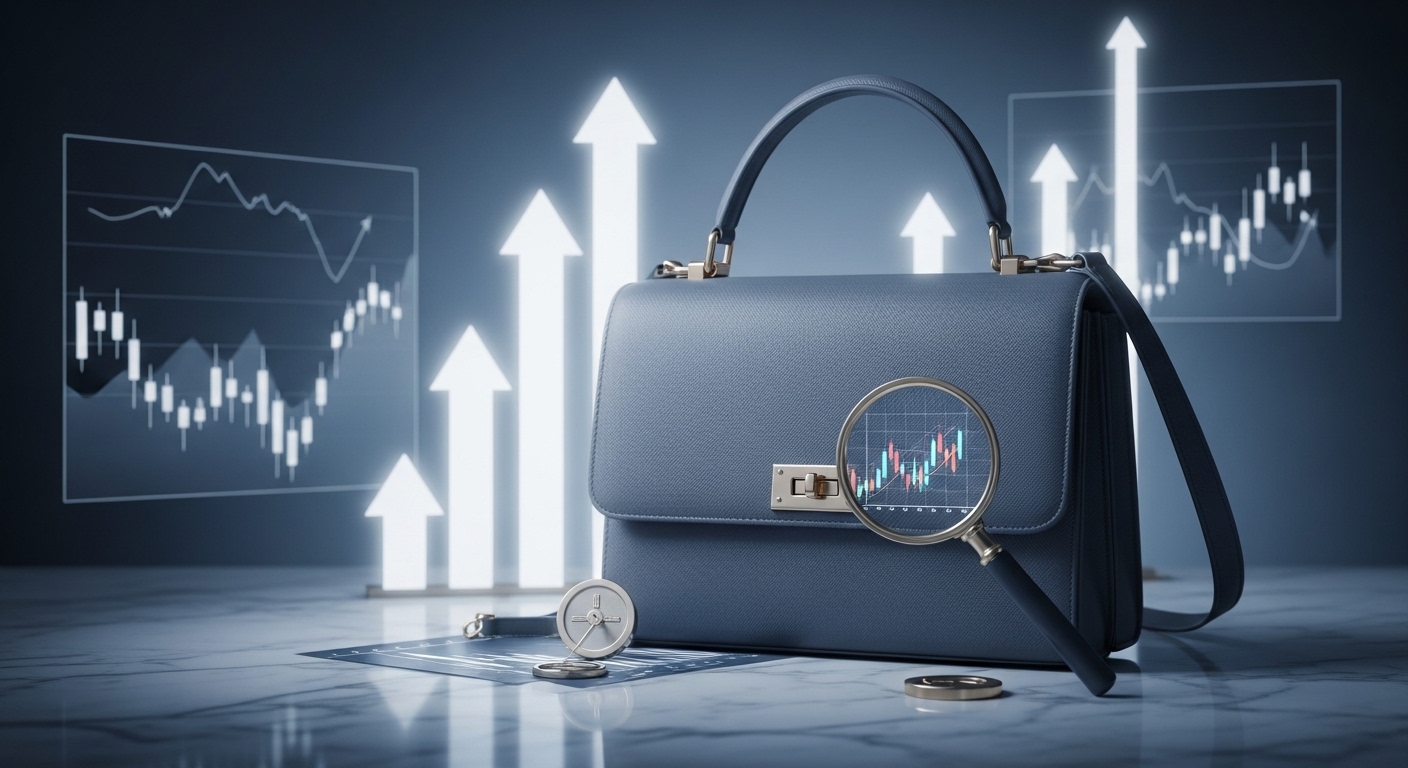 고급스러운 명품 가방이 놓인 대리석 테이블 위로 상승하는 주식 그래프와 금융 관련 오브제가 어우러져 있는 이미지. 명품 재테크와 현명한 투자를 상징합니다.