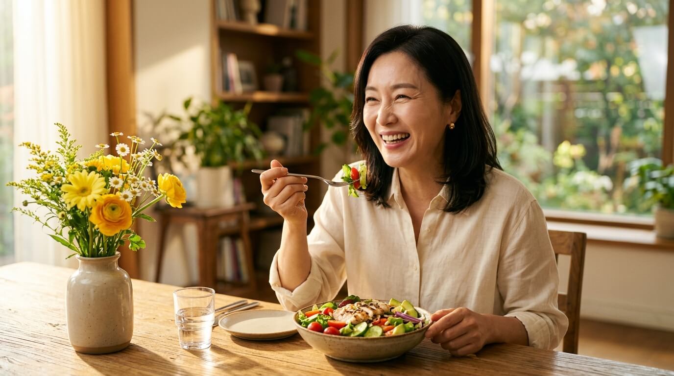 구내염 통증에서 벗어나 밝은 미소로 신선한 샐러드를 먹고 있는 한국인 중년 여성