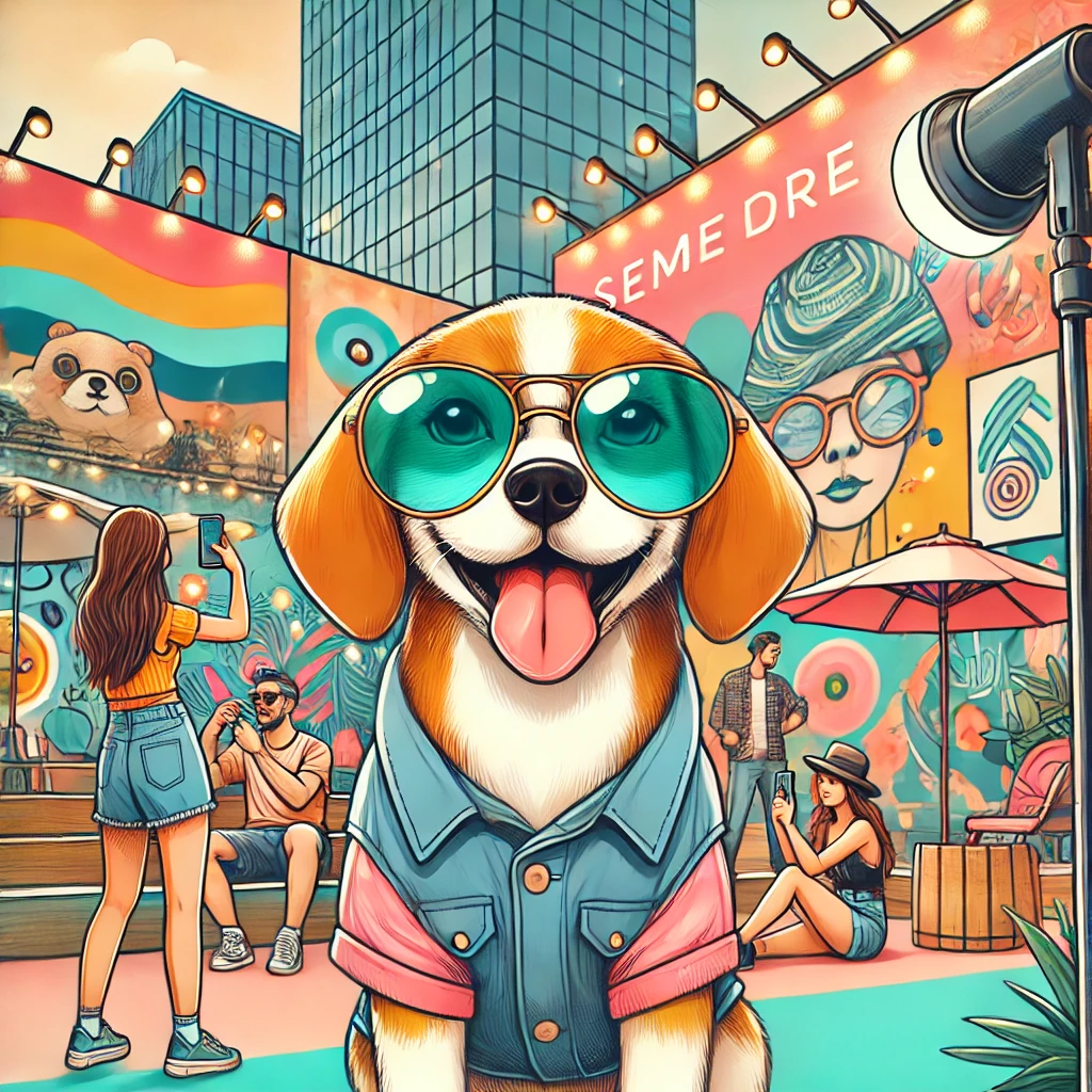 대도시 핫플레이스에서 세련되게 옷을 입고 선글라스를 착용한 강아지가 밝은 표정으로 사진 촬영하는 모습이 담긴 일러스트 그림