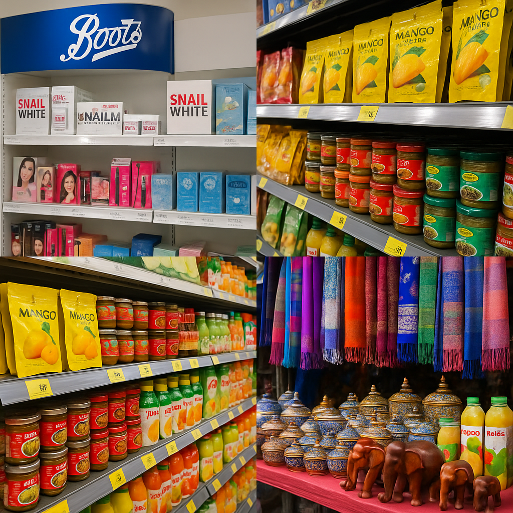 부츠 드럭스토어의 화장품, 대형마트의 스낵·소스·주스, 전통 시장의 실크 스카프·도자기·나무 장식품이 어우러진 태국 쇼핑 풍경