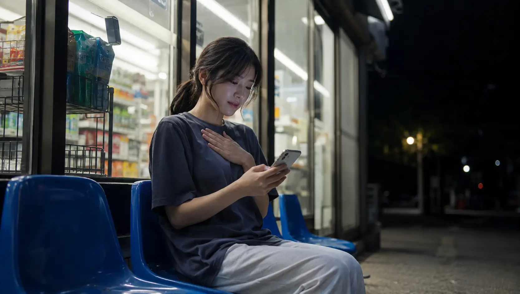 늦은 밤 편의점 앞 벤치에서 스마트폰 공식 핀테크 앱을 통해 현금 환급 완료 메시지를 확인하고 안도하는 20대 여성
