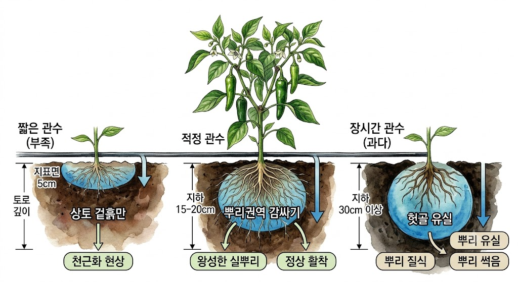 점적관수 가동 시간에 따라 15분 부족, 40분 적정, 90분 과다일 때 흙속 수분 침투 깊이와 뿌리 발달 차이를 대조