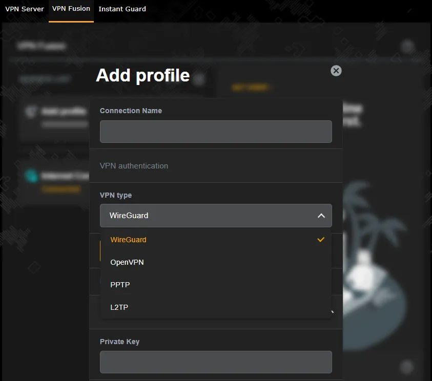 지역 제한 해외 넷플릭스 Asus VPN Fusion 라우터 VPN Fusion Add profile VPN type OpenVPN