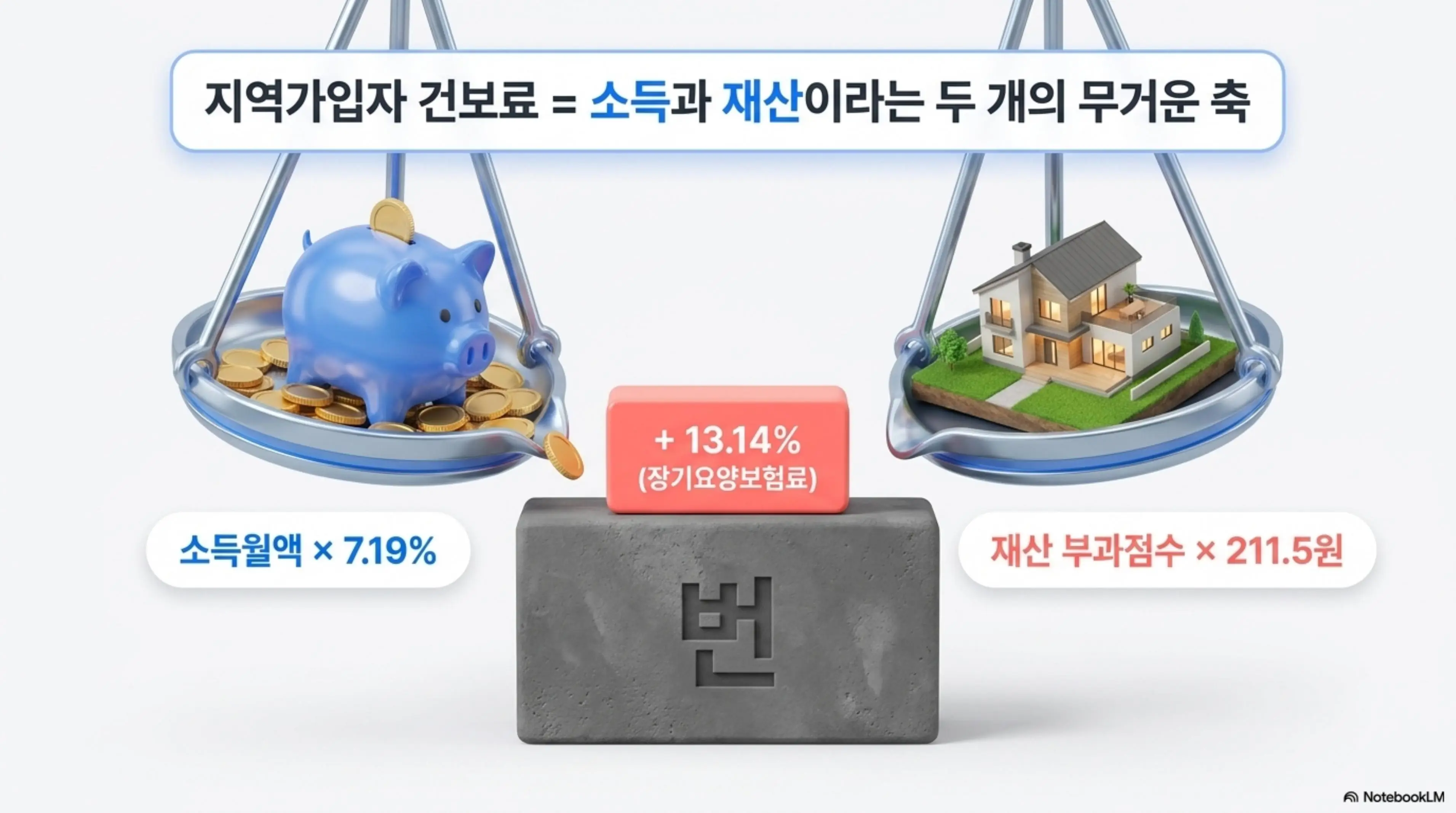 지역가입자 건강보험료 산정 공식을 저울 형태로 표현한 인포그래픽. 소득월액에 7.19%를 곱한 소득보험료와 재산 부과점수에 211.5원을 곱한 재산보험료 두 축에 장기요양보험료 13.14%가 추가되는 구조를 시각적으로 설명함