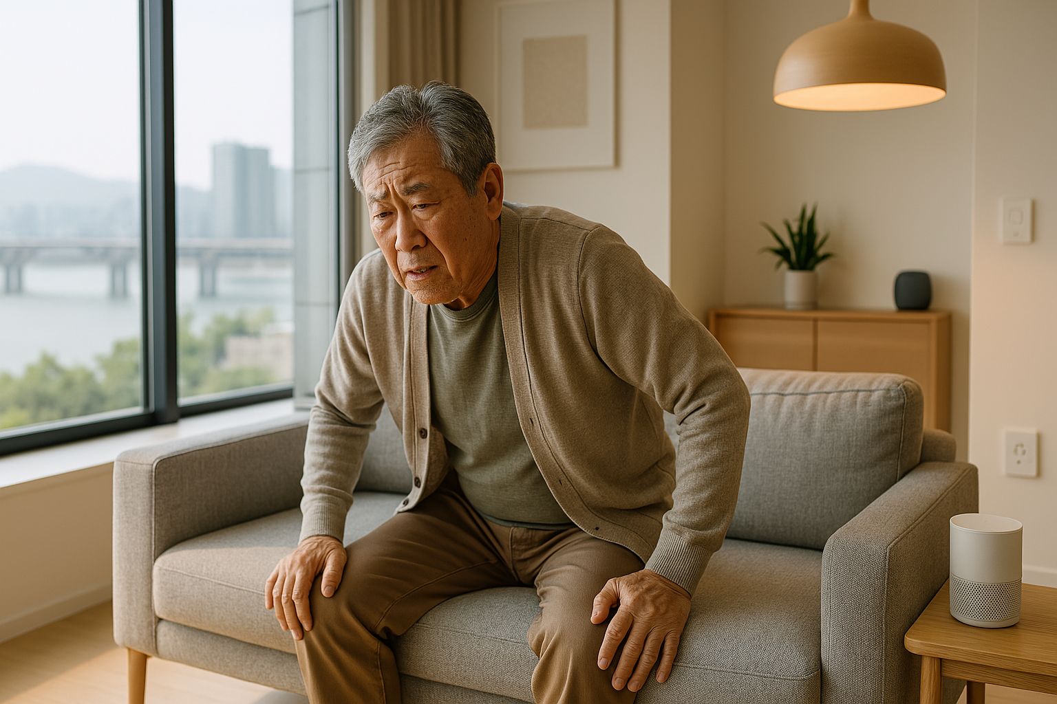 소파에서 일어나기 힘들어하는 노인, 근감소증의 주요 위험 신호를 보여주는 장면