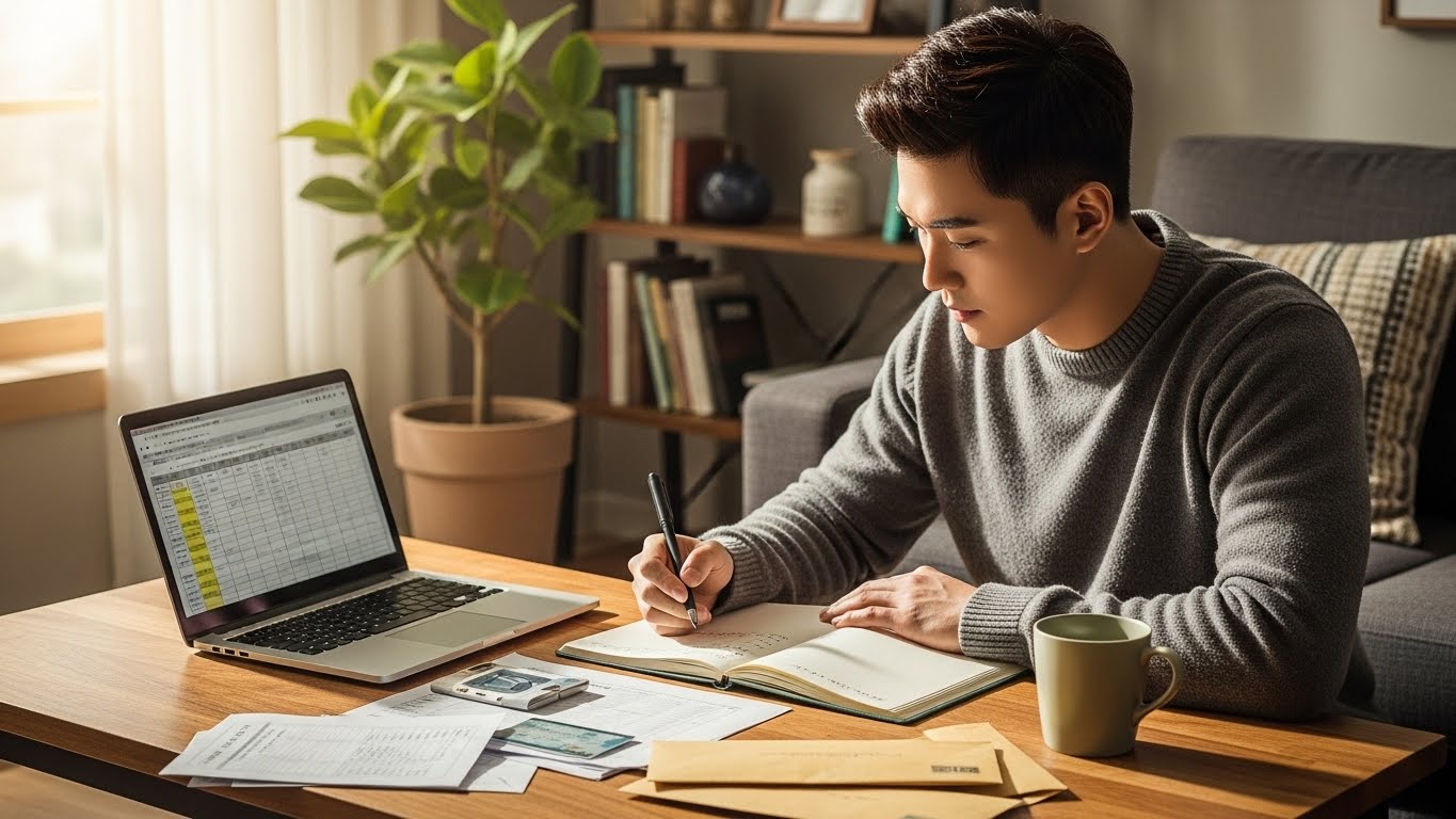 따뜻한 거실에서 한국 젊은 남성이 노트북과 노트를 펼쳐 놓고 적금 계획을 세우는 장면, 테이블 위에 군 복무 관련 서류와 카드, 부드러운 자연광, 사진 스타일