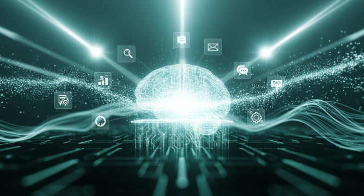 인공지능 자동화의 숨겨진 잠재력을 상징하는 이미지. 빛나는 뇌 또는 회로 기판 주위로 데이터 흐름과 다양한 자동화 기능 아이콘이 미래지향적으로 표현됨. AI 활용 꿀팁, 업무 효율 극대화.