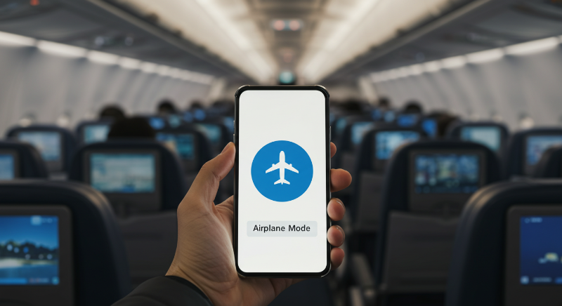 이륙 전 비행 모드로 스마트폰을 사용하는 승객.
