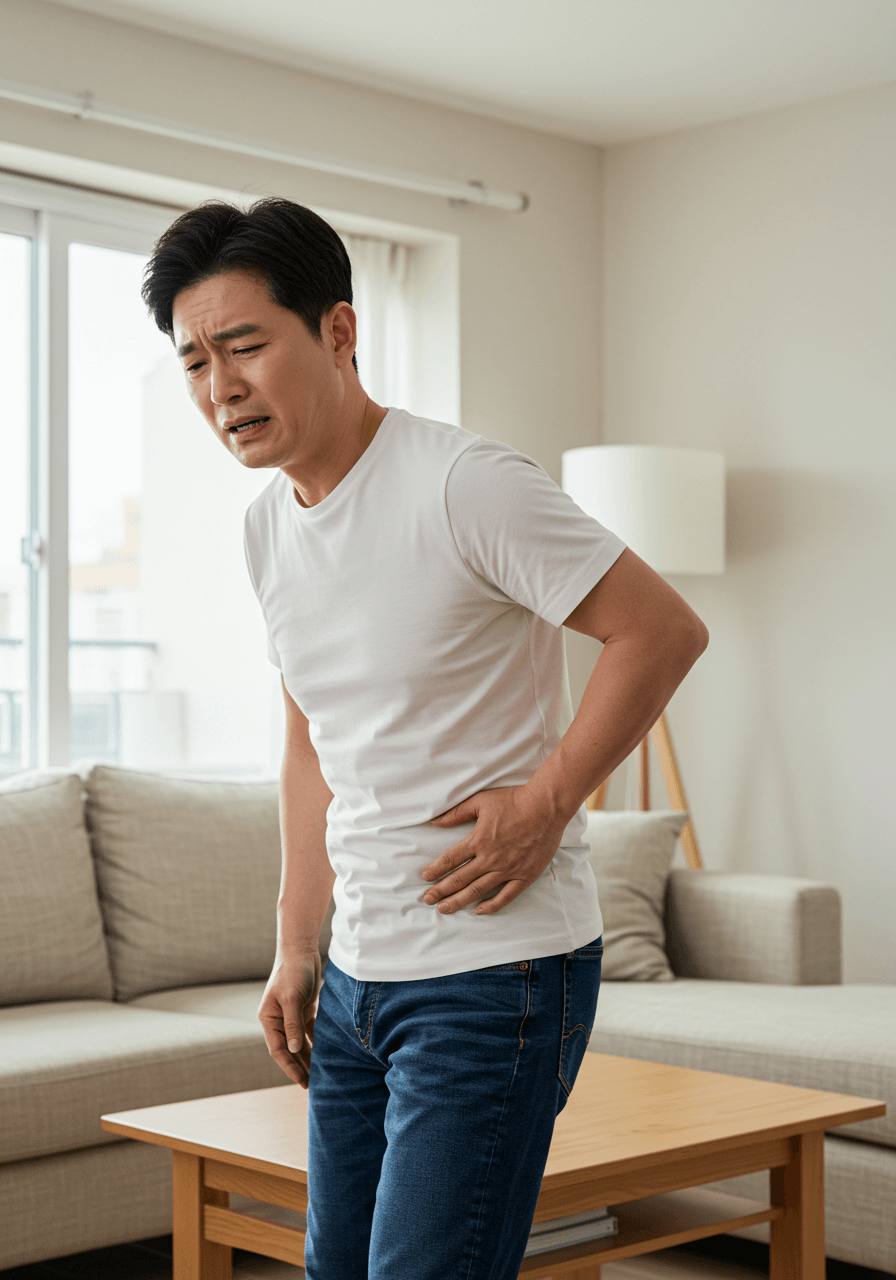 옆구리 통증을 느끼며 불편해하는 중년 남성
