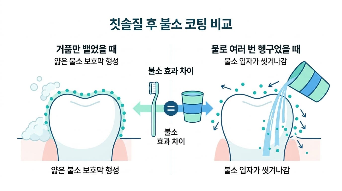 거품만 뱉은 치아와 여러 번 물로 헹군 치아의 불소 잔류 차이 비교 인포그래픽