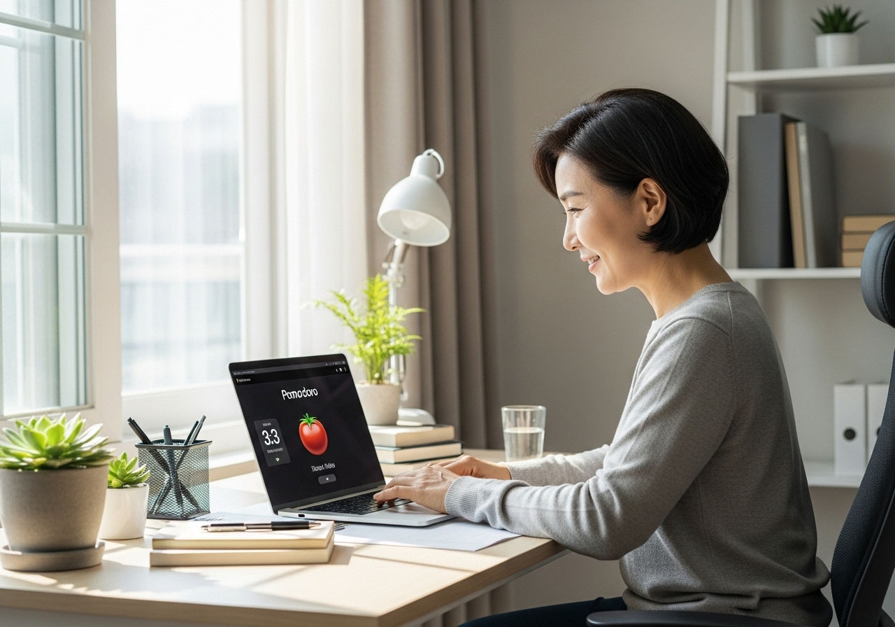 50대 한국인 여성이 노트북에 집중하는 모습